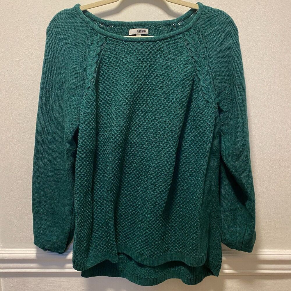 Sonoma Teal Textured Cable Knit Crewneck Sweater Cotton XL Boho Minimalist Cozy